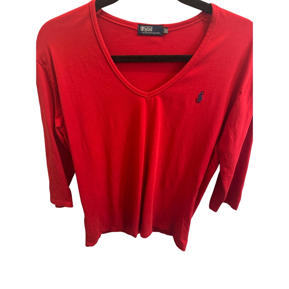 Polo Ralph Lauren Womens Red V-Neck Long Sleeve T-Shirt Navy Pony Logo XL